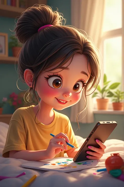 cute girl drawing on the phone 