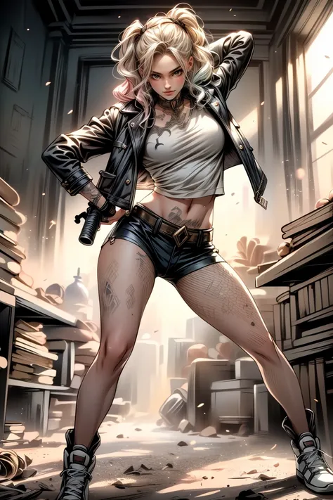 ((((( various poses ))))) Harley Quinn from Suicide Squad, slim body, short hair, eroticism, gun in hand, total height (Full Body 1.1.),  smile with a wide smile , Scream, sensual eyes, foreground, I look at the viewer, 8k, high quality, Highly Detailed Ey...