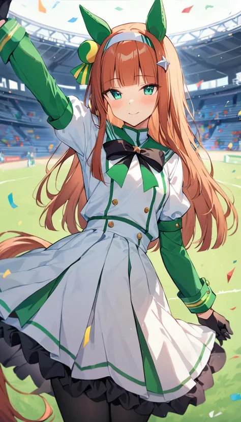 Score_9, Score_8_up, Score_7_up, best quality, masterpiece,1girl, Silence suzuka, umamusume, smile, long hair, animal ears, ear covers, white hairband, horse tail, green sailor collar, black bow, white shirt, layered sleeves, green sleeves, black gloves, w...