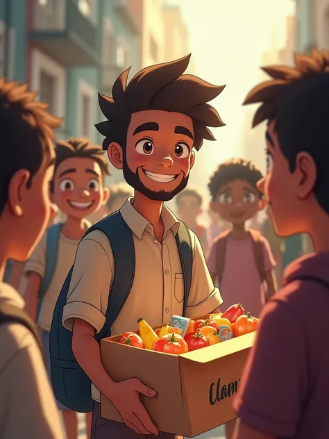 Samuel is handing out aid packages, such as food staples, to people in need. Around him, there are smiling individuals and ren receiving the help with gratitude, anime, cartoon, light effect, lighting is smooth, in 3rd animation