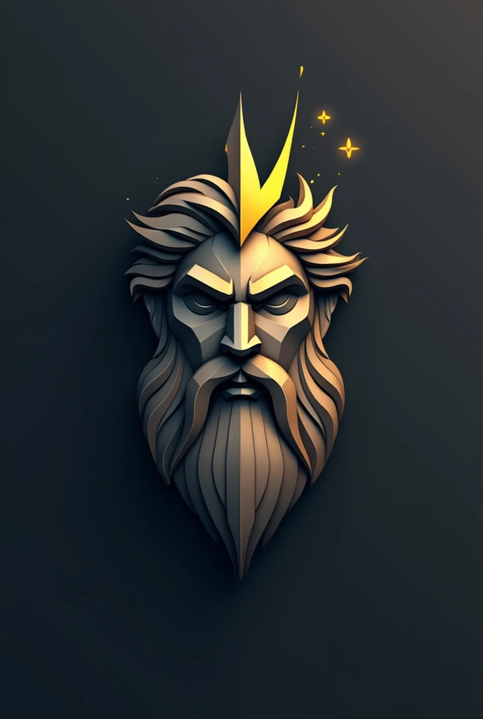  Create a modern and geometric logo with a stylized face of Zeus .  Use angular shapes and straight lines to represent Zeus's face and beard ,  in a simplified and powerful way . The expression must be imposing ,  with thick eyebrows and a strong jaw .  Ad...