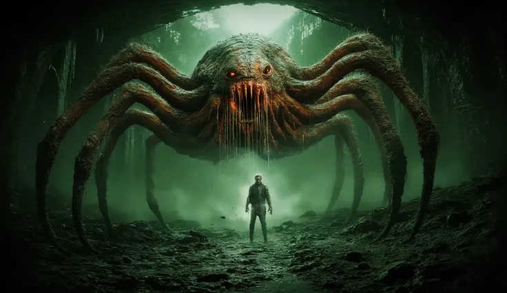In the suffocating darkness of a massive underground cavern, the monstrous centipede looms ominously close, its gigantic, segmented head thrust forward, mandibles dripping with glowing venom. Its fierce, glowing eyes burn with primal rage, casting an eerie...