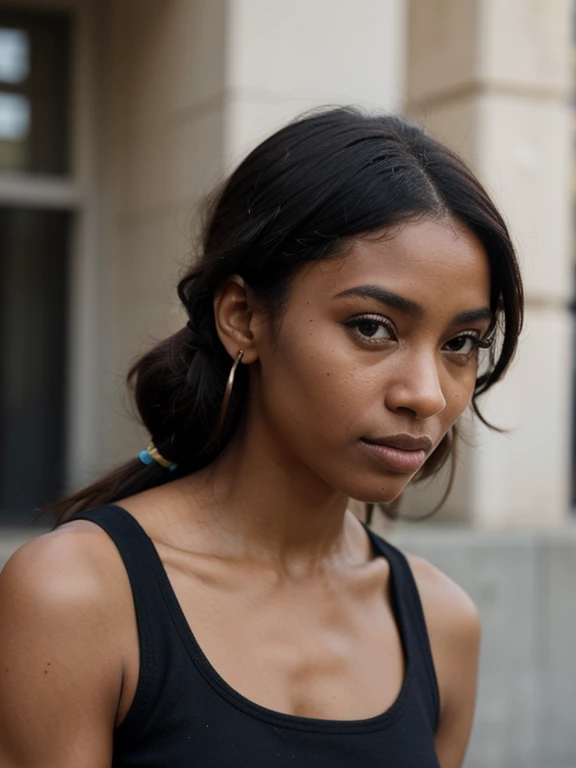 African black woman, very dark ebony skin, icy gaze, dreadlocks chignon, Fitness musclular body, silk blue dress, close-up portrait, from face, street Block 