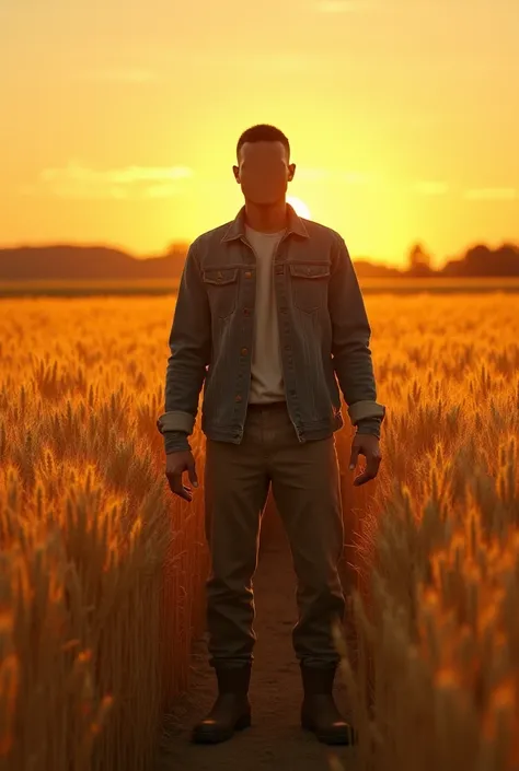 Faceless half body man with farmer clothes, he's in a middle a little to the right in a golden wheat field with sunset