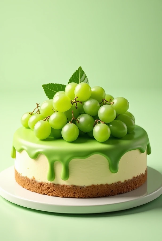 Green grape cheesecake with lots of grapes and green icing draining