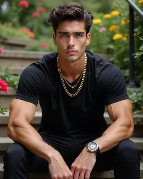 A young handsome man distinctive chin perfect facial features,Hot man insanely beautiful,Impressive man , dark hair, green glowing eyes,Does black sportswear Muscular arms visibly wear a gold chain and wristwatch,sitting on a staircase in the garden with f...