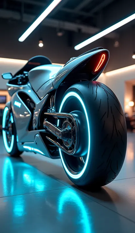 A futuristic Porsche superbike with a nano-fiber cloaking skin, allowing it to become semi-transparent when activated. The stealth gray body is lined with neon blue plasma conduits that glow when in motion. The large rear tire features magnetically levitat...