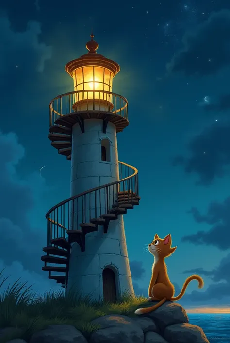 Cartoon Pictures and characters Scene illustrates
Whiskers Preparing for the Night:

As the evening settles, Whiskers climbs the narrow spiral staircase of the lighthouse with grace. His small paws make no sound as he ascends. He reaches the top of the tow...