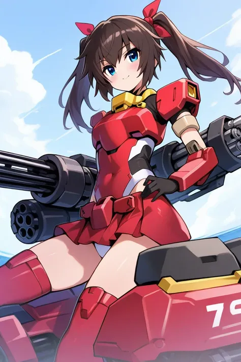 Frame Arms Girls、Red color、red stilettos、 twin tails、Gatling Gun、Seaside Sky 、booster