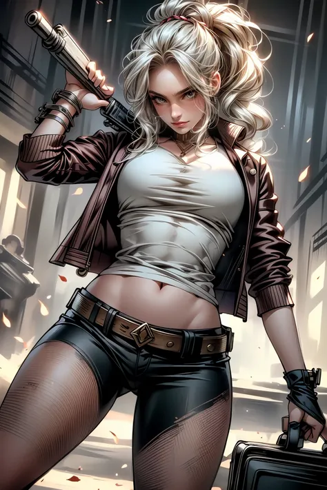 ((((( various poses ))))) Harley Quinn from Suicide Squad, slim body, short hair, eroticism, gun in hand, total height (Full Body 1.1.),  smile with a wide smile , Scream, sensual eyes, foreground, I look at the viewer, 8k, high quality, Highly Detailed Ey...