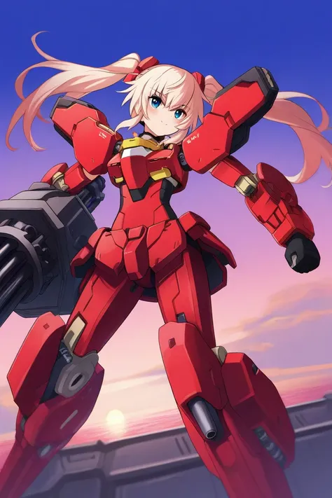 Frame Arms Girls、Red color、red stilettos、 twin tails、Gatling Gun、Seaside Sky 、booster、Red Legged Armor