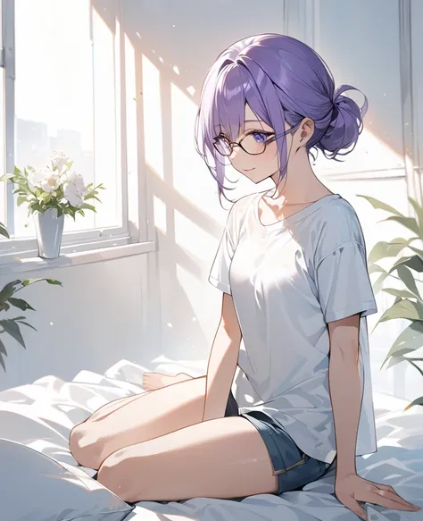 Ultra-high quality, highly detailed anime-style illustration of a beautiful 18-year-old girl. She has blue-purple hair tied at the nape of her neck and wears glasses. Her gentle smile conveys warmth and kindness. She is dressed in a simple white T-shirt an...