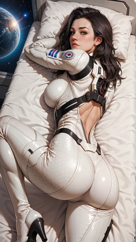 Miranda Lawson from Mass Effect, muscular build, in space, white outfit, hexagon suit, arms crossed in front of her, laying stomach down, one leg up, in bed, from behind, large butt, UHD, Masterpiece, High Quality, 8K