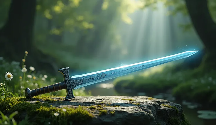 Create a high-resolution, highly detailed image of Sting, the Elvish blade of Bilbo and Frodo Baggins. The sword should feature a slender, slightly curved blade that shimmers with a faint blue glow, showcasing delicate Elvish designs etched along its lengt...