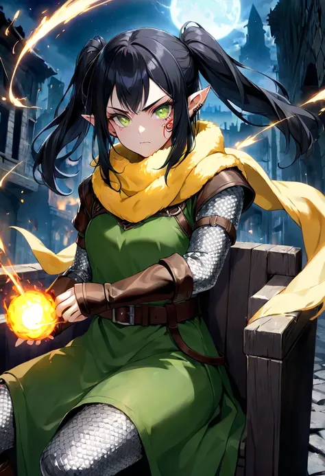   score_9,   score_8_  up the side  ,   score_7_  up the side  ,   in the seat,  alone,   Sarrefour M3rr1ll  ,   pointy ears,   Face Tattoos  , Facial Pattern,   twin tails,     black hair,   Green Eyes,
  chainmail sleeve  ,  green tunic  ,   yellow scarf...