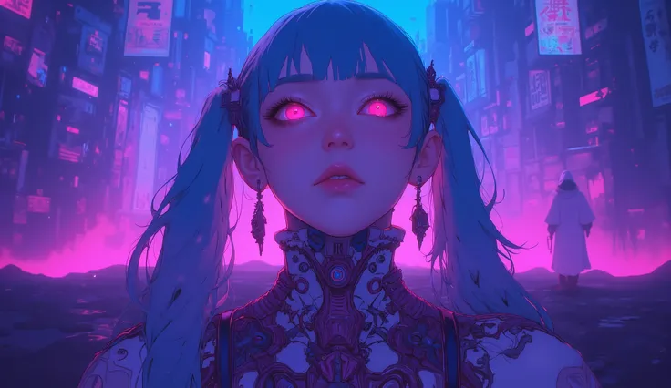  top quality　Ultra delicate　 Japanese Anime Anime　 one pretty girl　Pink light　blue-purple scenery 　Strong shadows 　 strong contrast 　 cyberpunk　Big Breasts 　 twin tails　 twin tails 　Awakening　Eyes That Glow in the Dark 　Awakeningした　