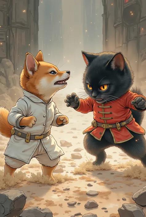 ( CUTE DOG AND CAT FIGHT , Shiba Inu in a white battle suit , Black cat in a red battle suit), DOG CAT CHARACTERS , (BEAUTIFUL KEMONO , small face, Beautiful fur, angry face, mouth), Beautiful and shining eyes, FURRY CHARACTERS, very detailed目と顔, l...