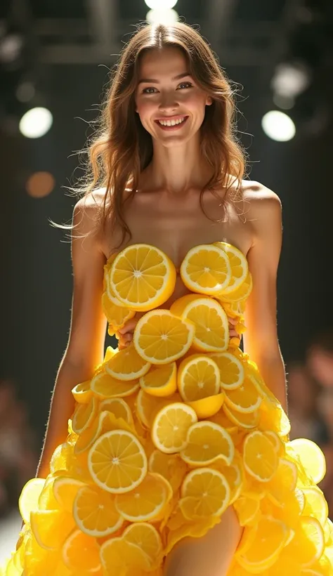 A stunning, realistic image of a cute  on the runway, modeling an outfit made from thinly sliced lemons. The lemon slices are arranged to resemble a high-fashion dress, with the bright yellow hues and delicate textures popping in high resolution. Her brigh...