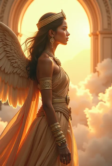 A hyper detailed hyper realistic: A arab little winged warrior entering a place of pure light, serenity, and absolute harmony, accessible only through spiritual progression, surrounded by cloudy ethereal auroras, hairstyle, sexy, hindu motif, indian clothe...