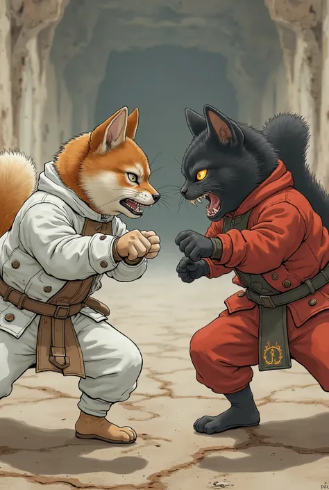 ( CUTE DOG AND CAT FIGHT , Shiba Inu in a white battle suit , Black cat in a red battle suit), DOG CAT CHARACTERS , (BEAUTIFUL KEMONO , small face, Beautiful fur, angry face, mouth), Beautiful and shining eyes, FURRY CHARACTERS, very detailed目と顔, l...