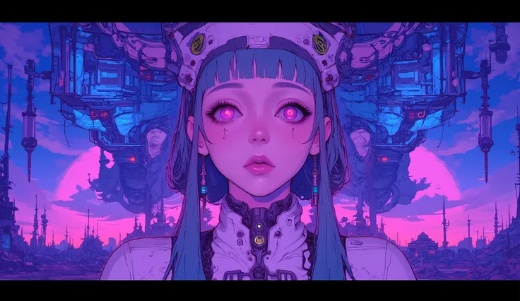  top quality　Ultra delicate　Japanese anime anime　 one pretty girl　Pink light　blue-purple scenery 　Strong shadows 　 strong contrast 　 cyberpunk　Big Breasts 　 twin tails　 twin tails 　Awakening　Eyes That Glow in the Dark 　Awakeningした　