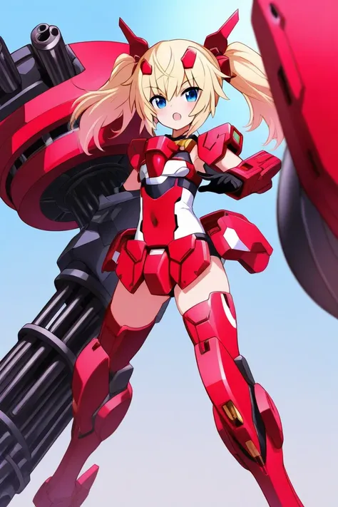 Frame Arms Girls、Red color、red stilettos、 twin tails、Gatling Gun、Seaside Sky 、booster、 headgear、バッグパックbooster