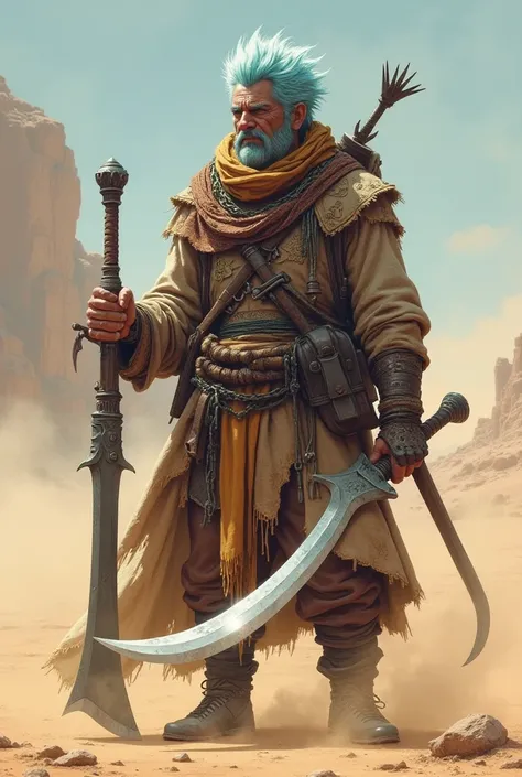 Powerful  guy from desert in old Damaged clothes with big scythe with spikes and sword with spikes and light blue spiki hair and old damaged scarf that cover his mounth and nose and make me big monster pet with stone powers for him