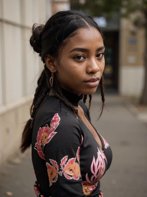 African black woman, very dark ebony skin, icy gaze, dreadlocks chignon, Fitness musclular body, silk tiger dress, close-up portrait, from face, street Block 