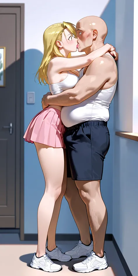 Masterpiece, newest, vibrant, very aesthetic, high contrast, old men, bald, tall and fat, bare chest, short pants, standing in front, kiss and hug, kiss lips, mature woman, riza hawkeye, white color spaghetti strap top, pink color pleated mini skirt, white...