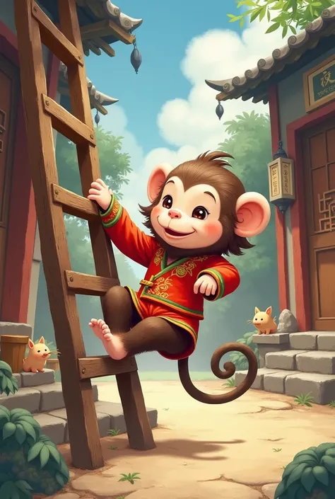 Generate to me a Chinese monkey who is fallen on a ladder and who is there seen all her pants