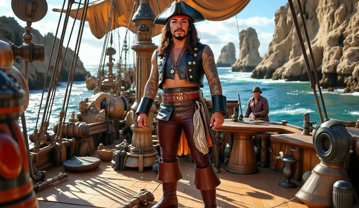 Jack sparrow in the ship   pirate hat, tattoos 