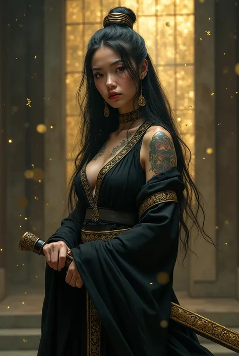 日本のwoman僧侶, Super Sexy, Super muscular 、 Black and Gold Sexy Vestments,woman, big breasted , long dark hair,Dharma Weapon ,Fallen Angel, tattoo,Exorcism ,( very detailed), (8k,  complicated), (85mm), Gold particles, ( very detailed:1.2), ( gradients), ( de...