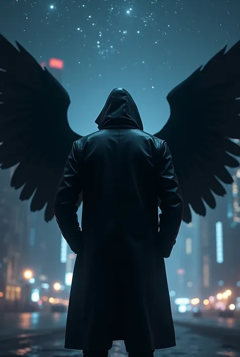  man ,  angle from the back, night city, black leather trench coat with hood, black wings, background :  starry night sky 