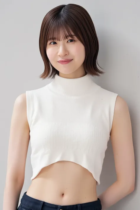  A high resolution photograph of a Japanese adult woman, photo realistic, masterpiece, amazing quality, intricate details , professional lighting, simple background,(from front),upper body, medium shot, looking at viewer , smile, closed mouth, (standing), ...