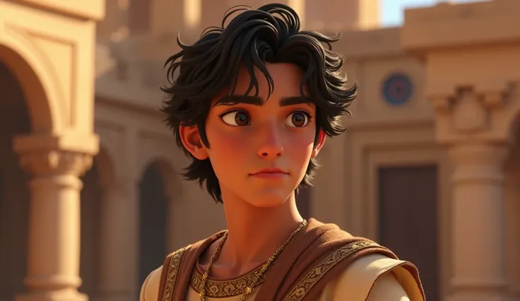  male, 25 years,  Middle East from the 1st century ,  black hair, Body above the waist , Pixar style films,  expression would be 