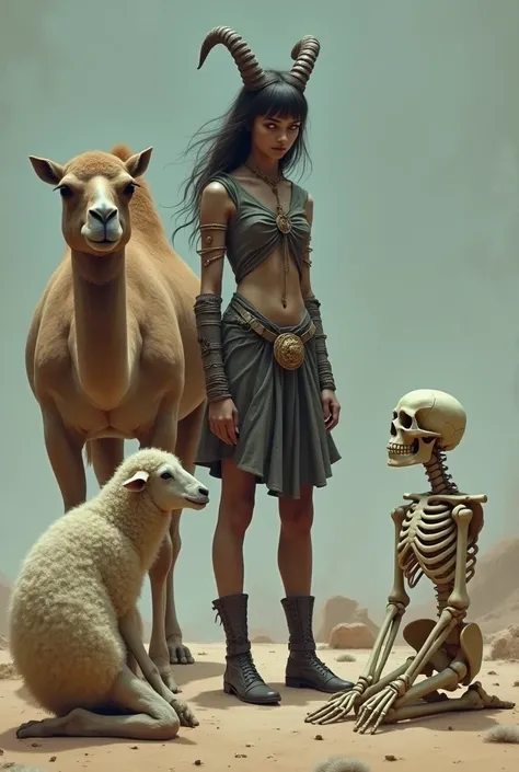 A camel, a sheep and a skeleton kneel in front of a violent girl 