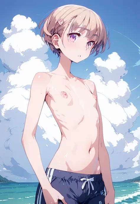 pt、 button， Feminine Body Line，  flat chest， ,sfw,sfw,sfw， Glossy Skin， Glossy Skin， Glossy Skin，Wave splash,Swim trunks, short hair,