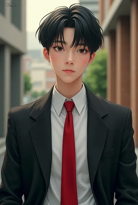 Make a College Student boy with black clean cut hair wearing a white blouse, black coat and red neck tie and brown eyes