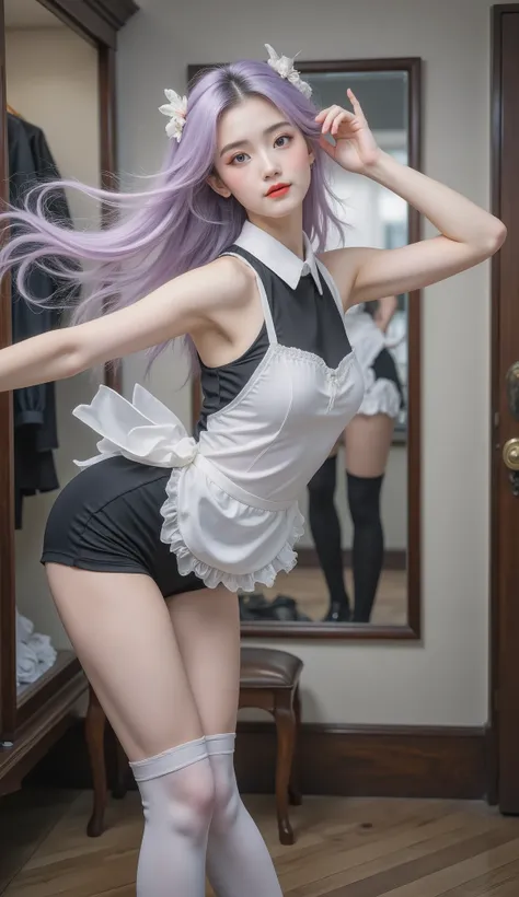 standing splits，cloud ，makeup，red lips ，smoke ，waves，floating hair ，（（（（（Standing snapping refracts ：1.6， “sexy thigh-high socks”:1.5））））），Yoga Pants，is， plump hips ，( masterpiece , best quality , Beautiful,  super detailed character), 1 Girl,  Lavender Ha...