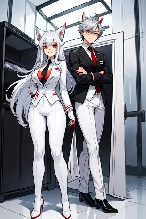 female, long silver hair, red eyes, silver wolf ears, silver wolf tail, (((1girl))), (((white business suit))), (red dress shirt), (white dress pants), (black neck tie), (black fingerless gloves), (black boots), cute and sexy, full body, big breasts, long ...