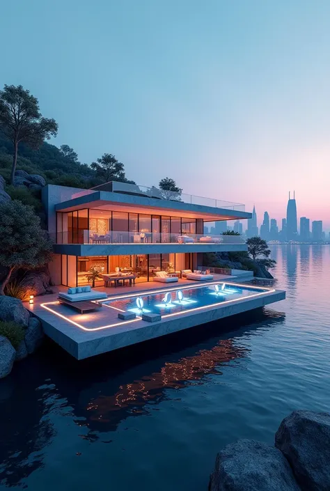 cutting-edge futuristic smart home built on a high-tech platform, floating above a scenic lakeside landscape. The mansion’s glass-paneled walls display interactive neon lights, reflecting the city skyline in the distance. The open terrace includes a sleek ...