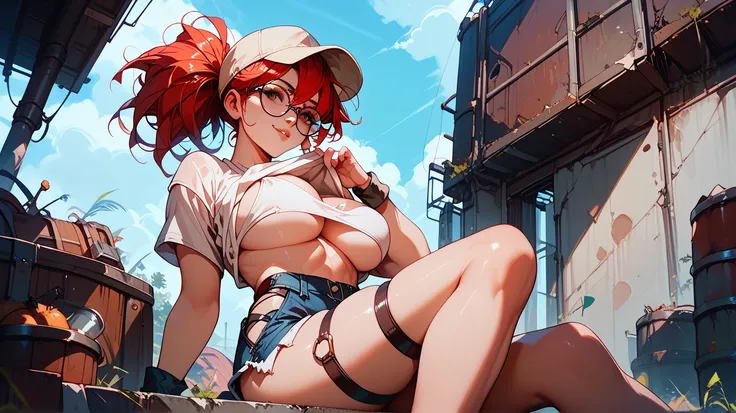  Sexy Fio Germi, UHD, with glasses, cap,  Redhaired , in a wasteland,  big breasts,  sexy pose, thigh strap,  sitting,  lifting her shirt,