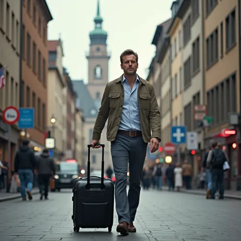 Photo of a man in a German city pulling a suitcase.