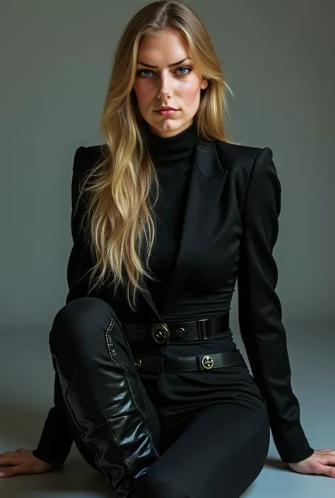 arafed woman in a black suit sitting next to a woman's body in colors, where one half of her body is natural and human, see the grain of her skin, see the pore of her skin, deep and expressive eyes, loose natural long blond hair and soft lips, high boots, ...