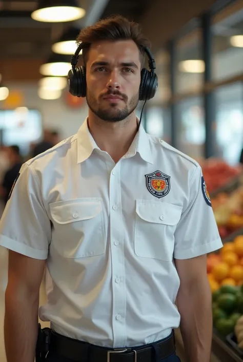  26 year old boy,  wearing a white shirt with Iyon , using headphones , was guarding a grocery store 