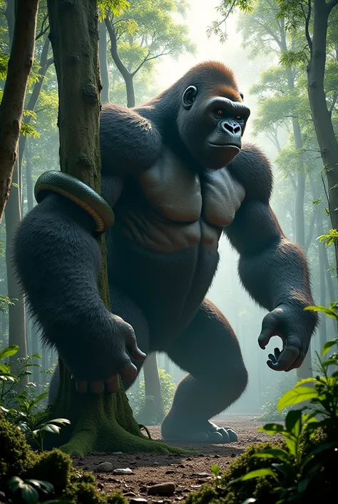 "A massive gorilla and a giant snake facing each other in a dense jungle, with the gorilla pounding its chest and the snake coiled around a tree, ready to strike, highly detailed and realistic."