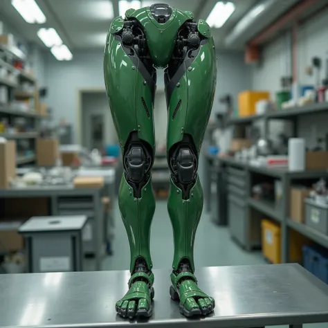 One leg of the green, gray and black military color cyborg made of special alloy nanofibers is separated and completely disassembled and arranged on a stainless steel workbench,,, high resolution, masterpiece,  smooth skin ,  very detailed ,  High detail ,...