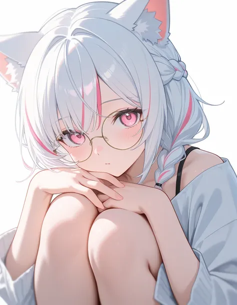  masterpiece, best quality  ,  latest , of, 美丽of女性 ，Cat ears，White hair， pink eyes，streaked hair，Round frame glasses，Braid