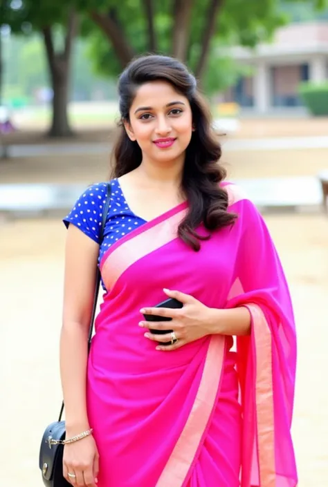 A young woman, likely in her late s or early twenties, of South Asian descent, is centrally positioned in the image.  She is wearing a vibrant hot pink sari with light peach colored borders.  The sari is draped traditionally.  She's wearing a short-sleeved...