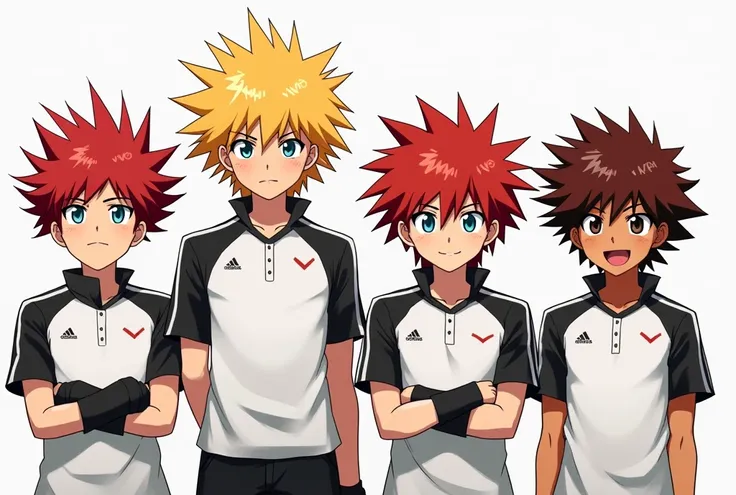 je veux 4 personnages masculins originaux de l'anime Inazuma Eleven Victory Road aux cheveux rouge et jaune , hérissés, sauvages et longs, portant uniform blanc et noir de la toshi Gakuen, qui sont dans le gigansteque gymnase de Inazuma.art seaArt
avec des...